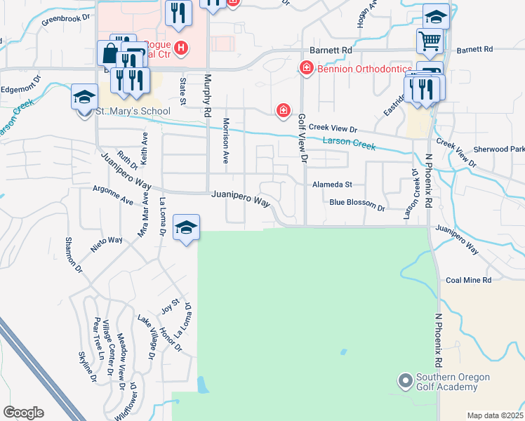 map of restaurants, bars, coffee shops, grocery stores, and more near 3100 Juanipero Way in Medford