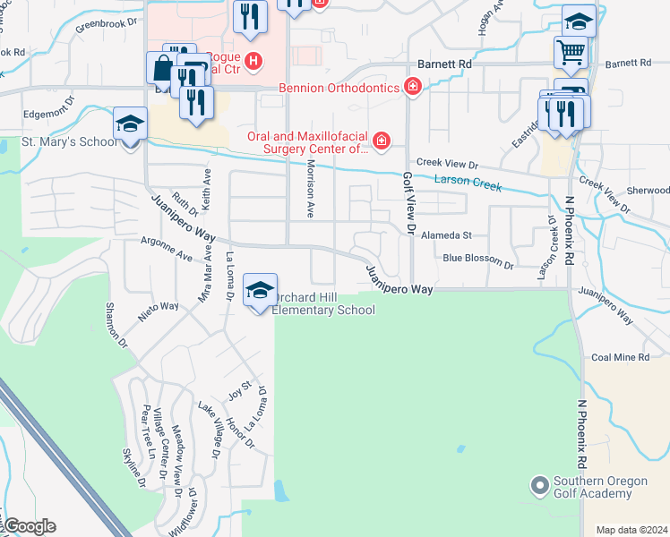 map of restaurants, bars, coffee shops, grocery stores, and more near 3100 Juanipero Way in Medford