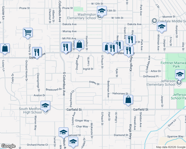 map of restaurants, bars, coffee shops, grocery stores, and more near 1025 Ingrid Street in Medford