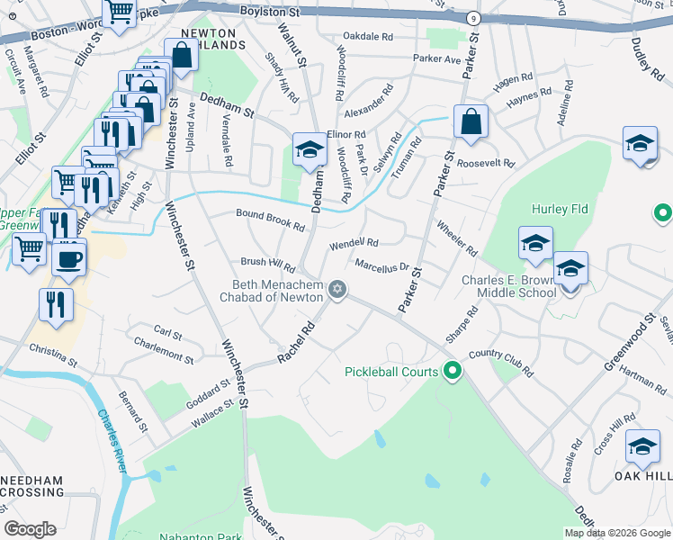map of restaurants, bars, coffee shops, grocery stores, and more near 36 Boulder Road in Newton