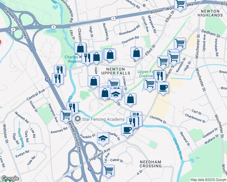 map of restaurants, bars, coffee shops, grocery stores, and more near 11 Indiana Terrace in Newton