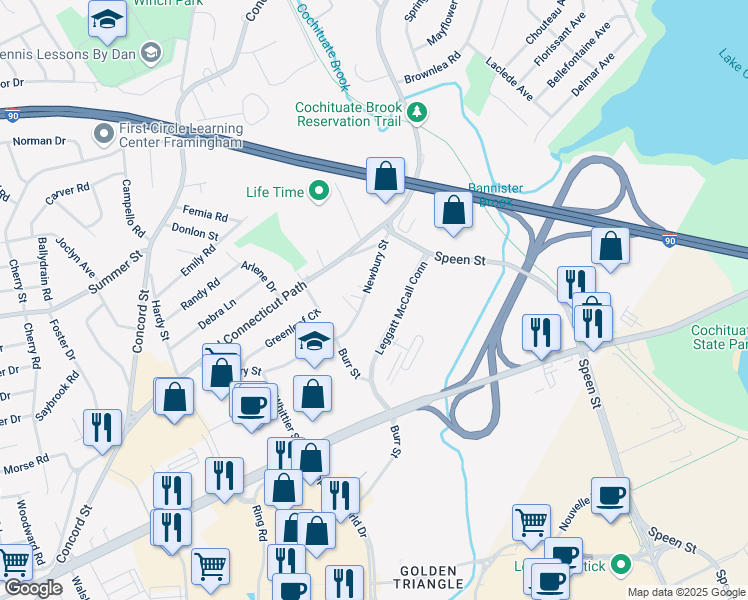 map of restaurants, bars, coffee shops, grocery stores, and more near 185 Newbury Street in Framingham