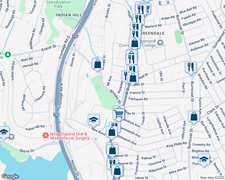 map of restaurants, bars, coffee shops, grocery stores, and more near 24 Brooks Street in Worcester