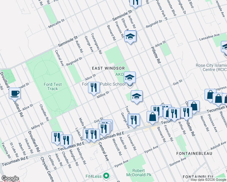 map of restaurants, bars, coffee shops, grocery stores, and more near 1790 George Avenue in Windsor