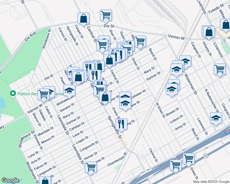 map of restaurants, bars, coffee shops, grocery stores, and more near 7754 Navy Street in Detroit