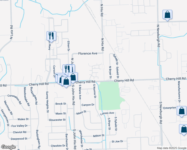 map of restaurants, bars, coffee shops, grocery stores, and more near 332 Marigold Circle in Westland