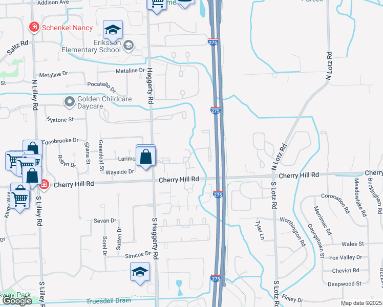 map of restaurants, bars, coffee shops, grocery stores, and more near 41054 Williamsburg Boulevard in Canton