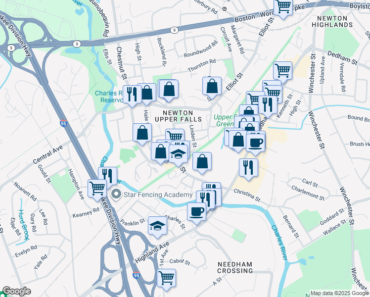 map of restaurants, bars, coffee shops, grocery stores, and more near 30 Ossipee Road in Newton