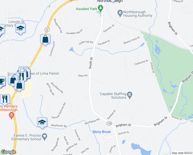 map of restaurants, bars, coffee shops, grocery stores, and more near 159 South Street in Northborough