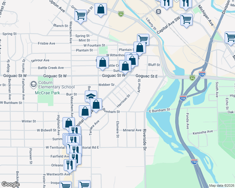 map of restaurants, bars, coffee shops, grocery stores, and more near 393 Capital Avenue Southwest in Battle Creek