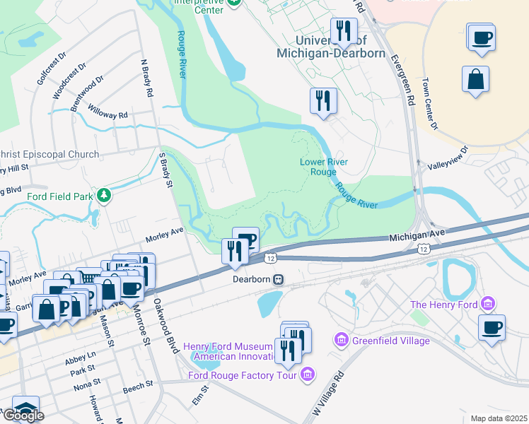 map of restaurants, bars, coffee shops, grocery stores, and more near Waterfall Loop Trail in Dearborn