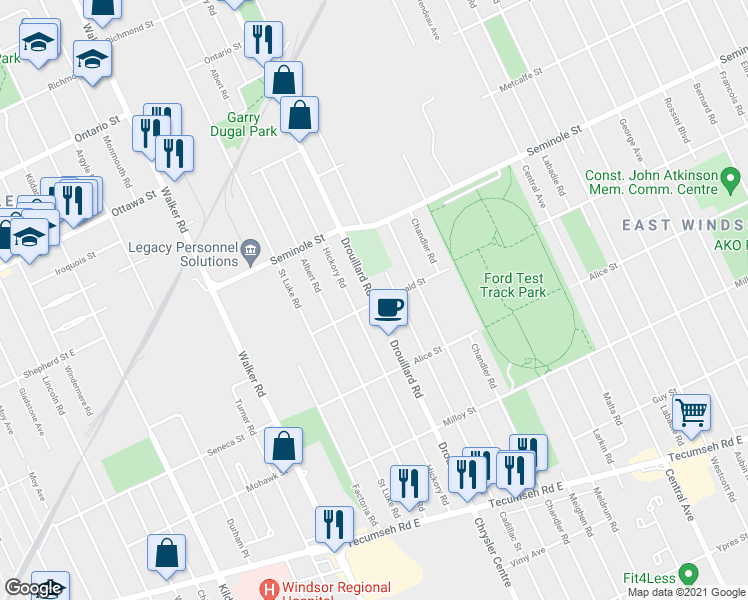 map of restaurants, bars, coffee shops, grocery stores, and more near 1594 Drouillard Road in Windsor