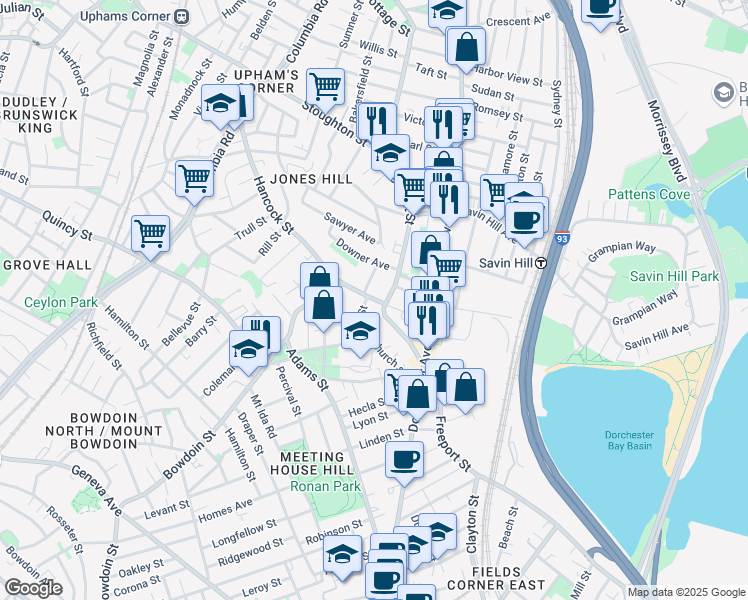 map of restaurants, bars, coffee shops, grocery stores, and more near Hancock Street in Boston