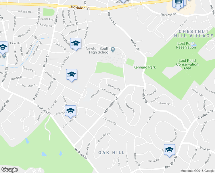 map of restaurants, bars, coffee shops, grocery stores, and more near 58 Burdean Road in Newton