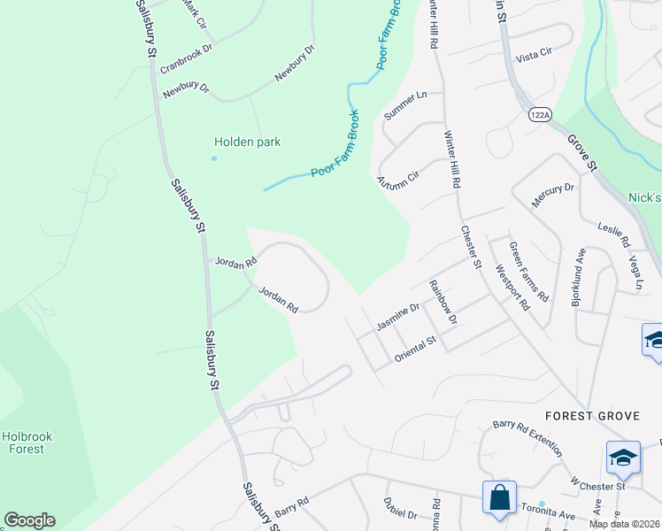 map of restaurants, bars, coffee shops, grocery stores, and more near 44 Jordan Road in Holden