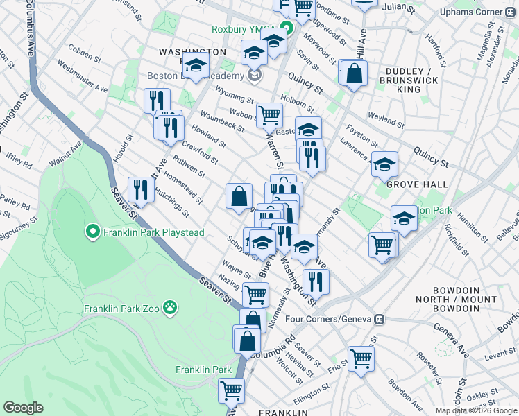 map of restaurants, bars, coffee shops, grocery stores, and more near 71-73 Georgia Street in Boston