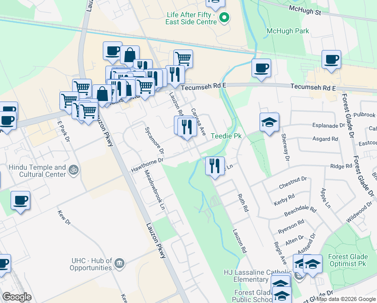map of restaurants, bars, coffee shops, grocery stores, and more near 2675 Lauzon Road in Windsor