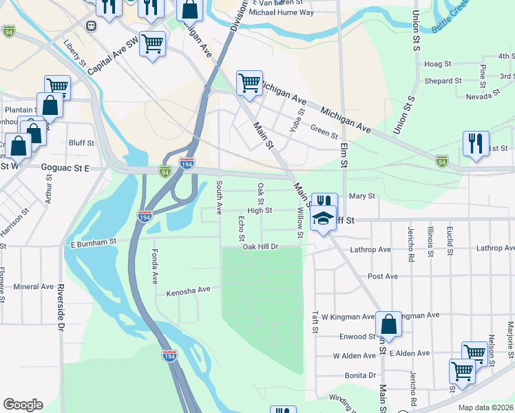 map of restaurants, bars, coffee shops, grocery stores, and more near 46 Oak Street in Battle Creek