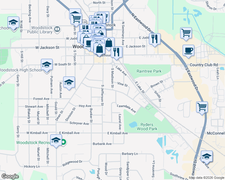 map of restaurants, bars, coffee shops, grocery stores, and more near 401 Fremont Street in Woodstock
