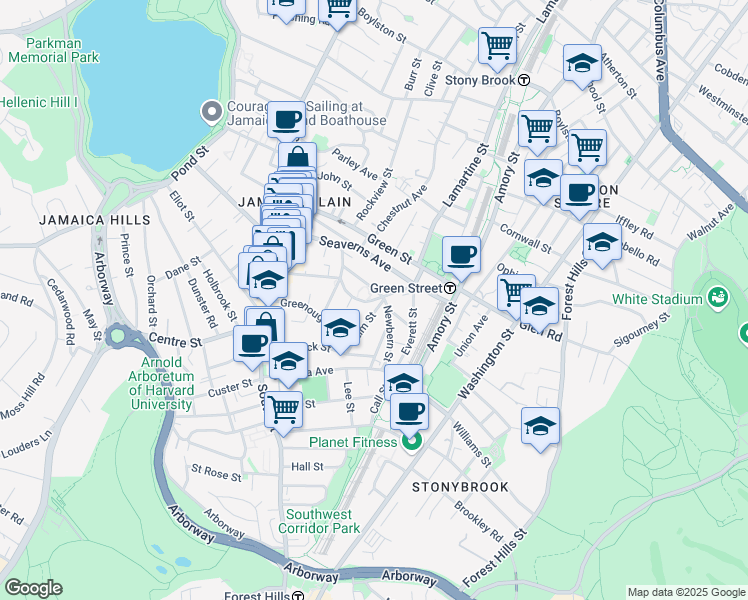 map of restaurants, bars, coffee shops, grocery stores, and more near 16 Roanoke Avenue in Boston