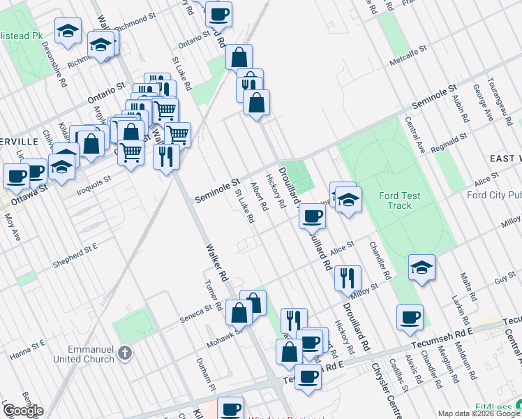 map of restaurants, bars, coffee shops, grocery stores, and more near 1552 Albert Road in Windsor