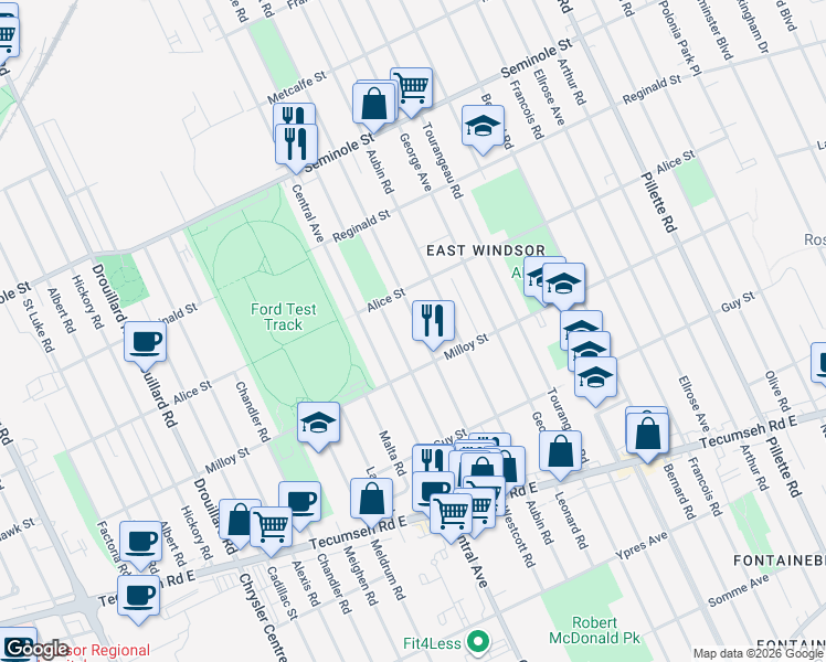 map of restaurants, bars, coffee shops, grocery stores, and more near 1740 Westcott Road in Windsor