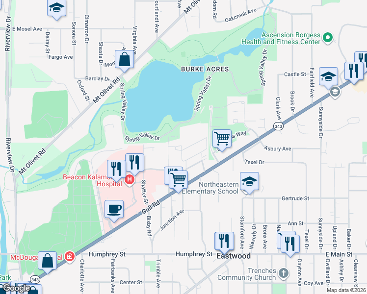 map of restaurants, bars, coffee shops, grocery stores, and more near 1923 Lakeview Avenue in Kalamazoo