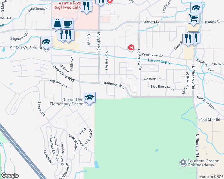 map of restaurants, bars, coffee shops, grocery stores, and more near 1012 Olympic Avenue in Medford