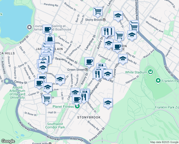 map of restaurants, bars, coffee shops, grocery stores, and more near 149 Green Street in Boston