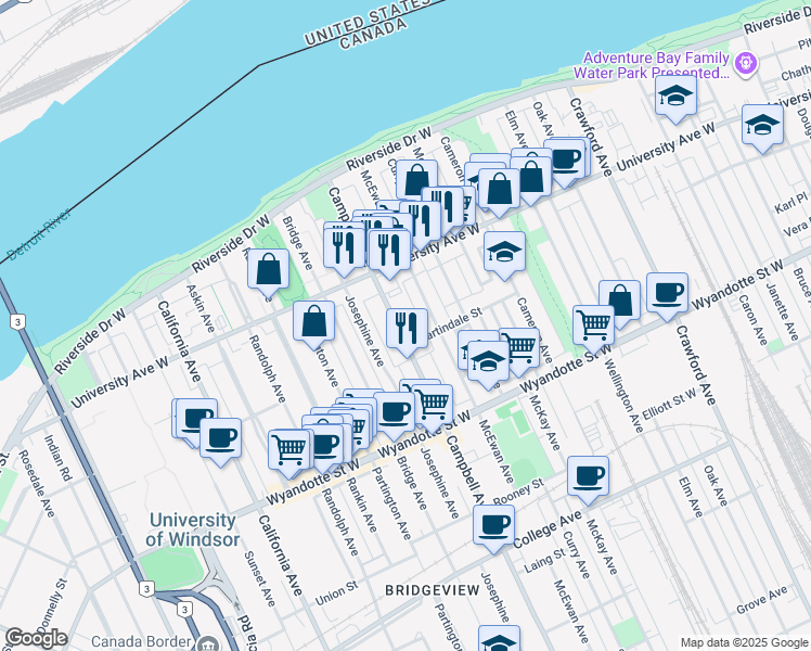map of restaurants, bars, coffee shops, grocery stores, and more near 374 Campbell Avenue in Windsor