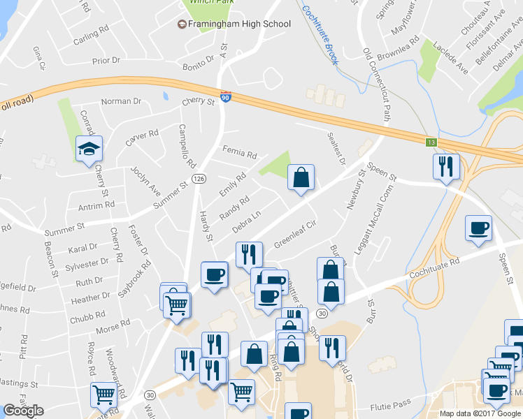 map of restaurants, bars, coffee shops, grocery stores, and more near 26 Debra Lane in Framingham