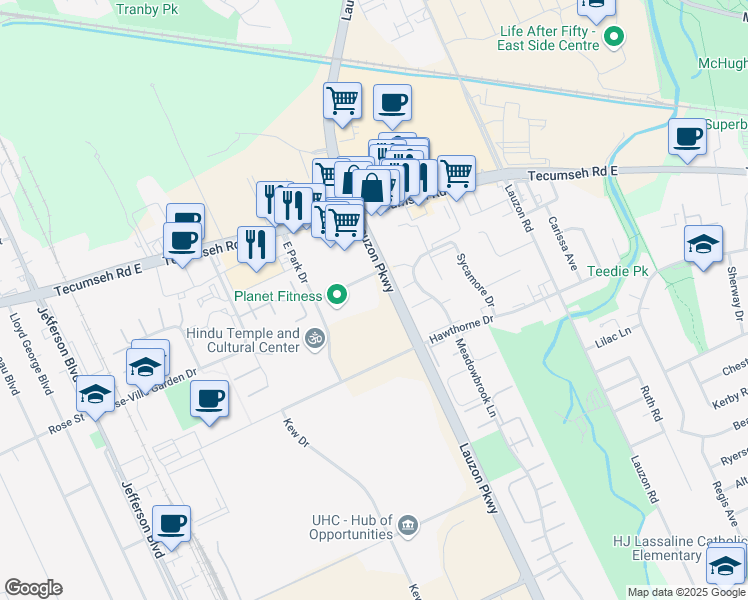 map of restaurants, bars, coffee shops, grocery stores, and more near 7003-7111 Enterprise Way in Windsor