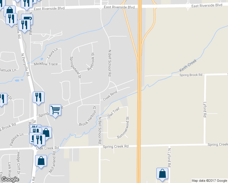 map of restaurants, bars, coffee shops, grocery stores, and more near 7608 Creek Bend in Rockford