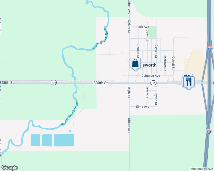 map of restaurants, bars, coffee shops, grocery stores, and more near 123 Iowa 175 in Ellsworth