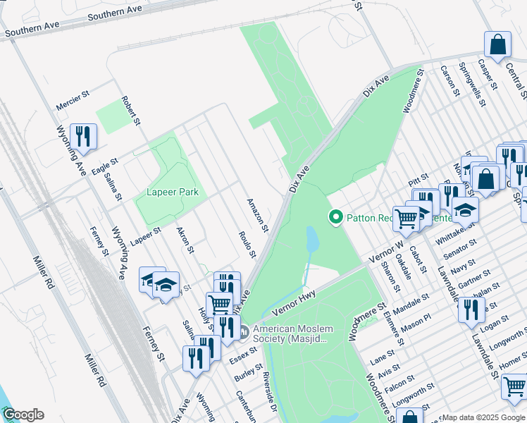 map of restaurants, bars, coffee shops, grocery stores, and more near 2798 Amazon Street in Dearborn