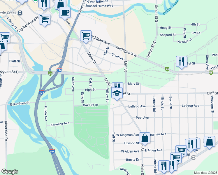 map of restaurants, bars, coffee shops, grocery stores, and more near 242 Main Street in Battle Creek