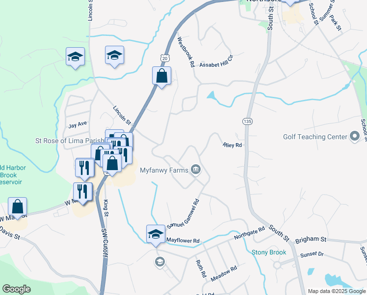 map of restaurants, bars, coffee shops, grocery stores, and more near 15 Fernbrook Road in Northborough