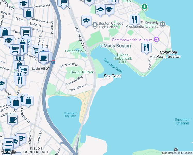 map of restaurants, bars, coffee shops, grocery stores, and more near 220 Morrissey Boulevard in Boston