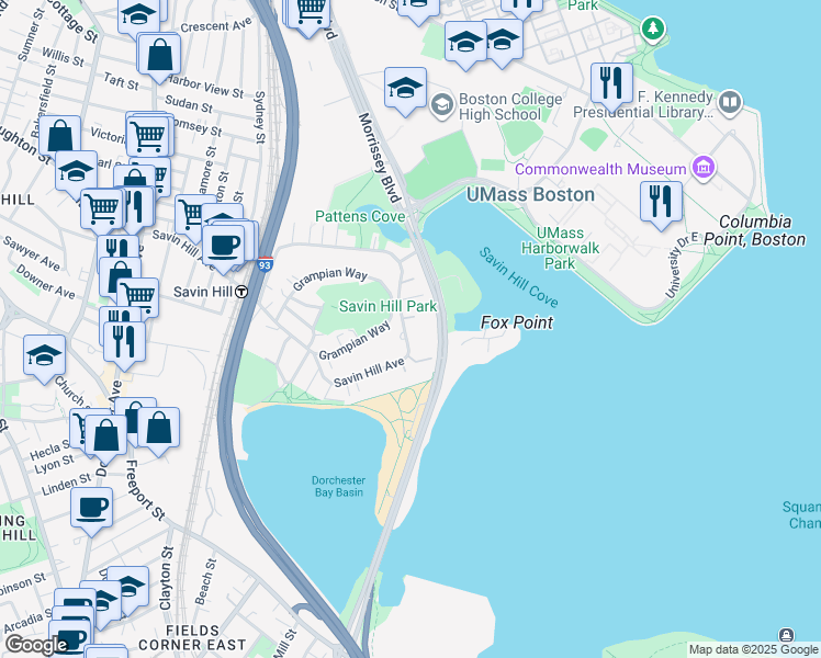 map of restaurants, bars, coffee shops, grocery stores, and more near 243A Savin Hill Avenue in Boston