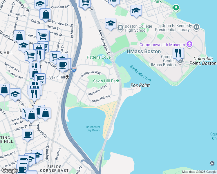 map of restaurants, bars, coffee shops, grocery stores, and more near 252 Savin Hill Avenue in Boston