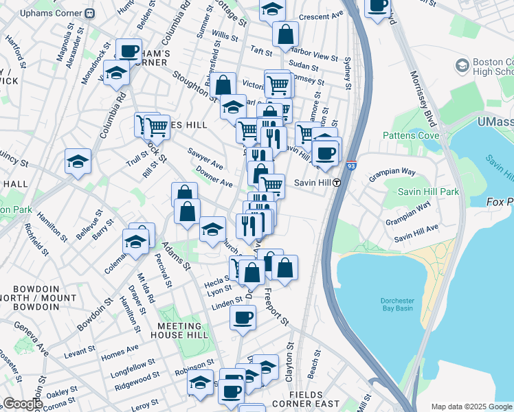 map of restaurants, bars, coffee shops, grocery stores, and more near 1181 Dorchester Avenue in Boston