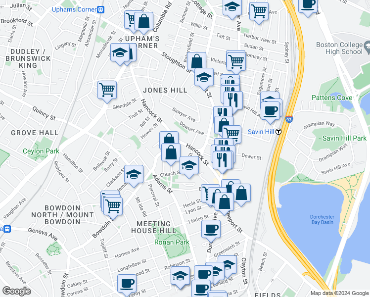 map of restaurants, bars, coffee shops, grocery stores, and more near 200 Hancock Street in Boston