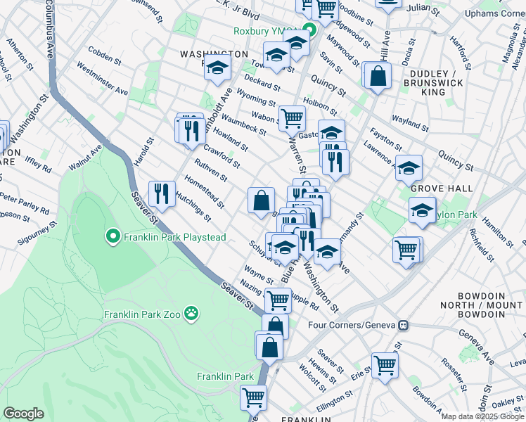 map of restaurants, bars, coffee shops, grocery stores, and more near 71-73 Georgia Street in Boston