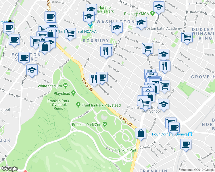 map of restaurants, bars, coffee shops, grocery stores, and more near 43 Hutchings Street in Boston