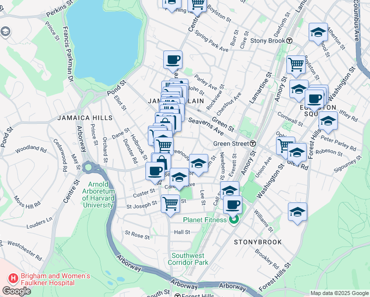 map of restaurants, bars, coffee shops, grocery stores, and more near 2 Greenough Park in Boston