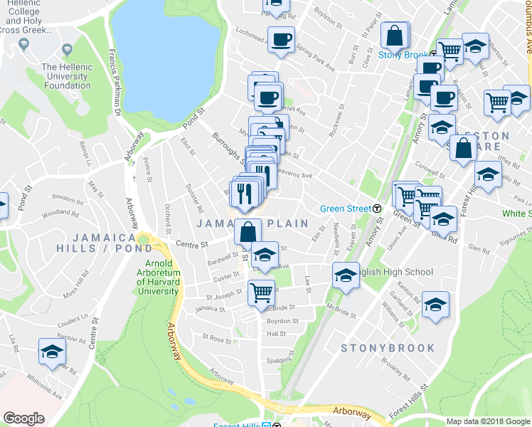 map of restaurants, bars, coffee shops, grocery stores, and more near 753 Centre Street in Boston