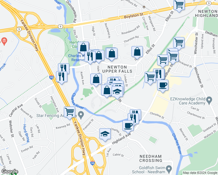 map of restaurants, bars, coffee shops, grocery stores, and more near 11 Indiana Terrace in Newton