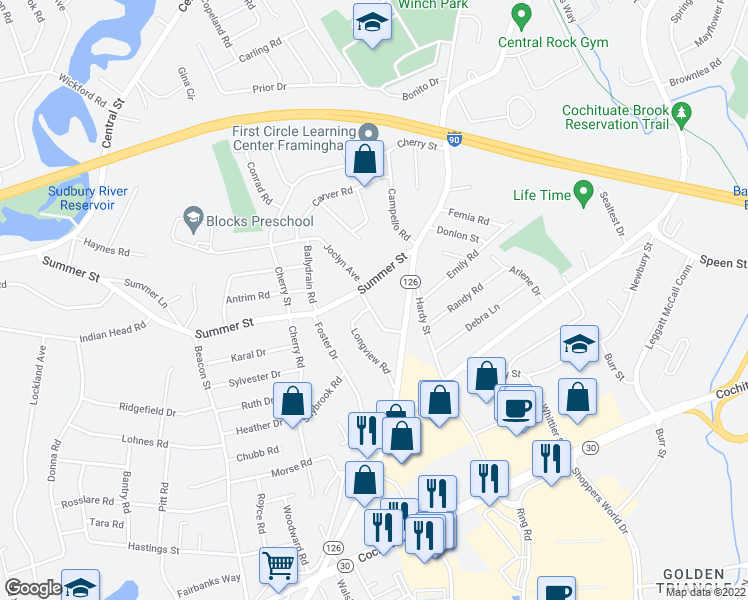 map of restaurants, bars, coffee shops, grocery stores, and more near 63 Summer Street in Framingham