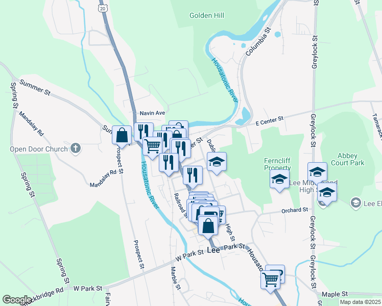 map of restaurants, bars, coffee shops, grocery stores, and more near 85-119 East Center Street in Lee