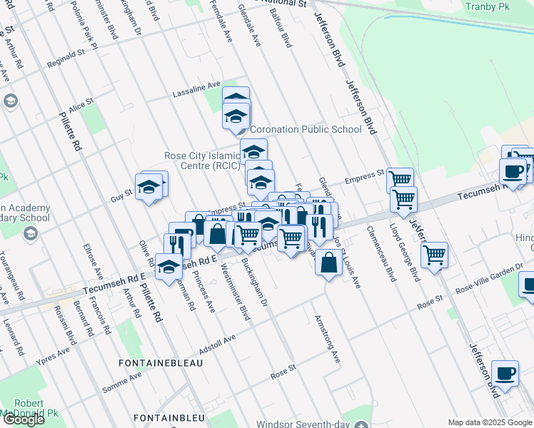 map of restaurants, bars, coffee shops, grocery stores, and more near in Windsor
